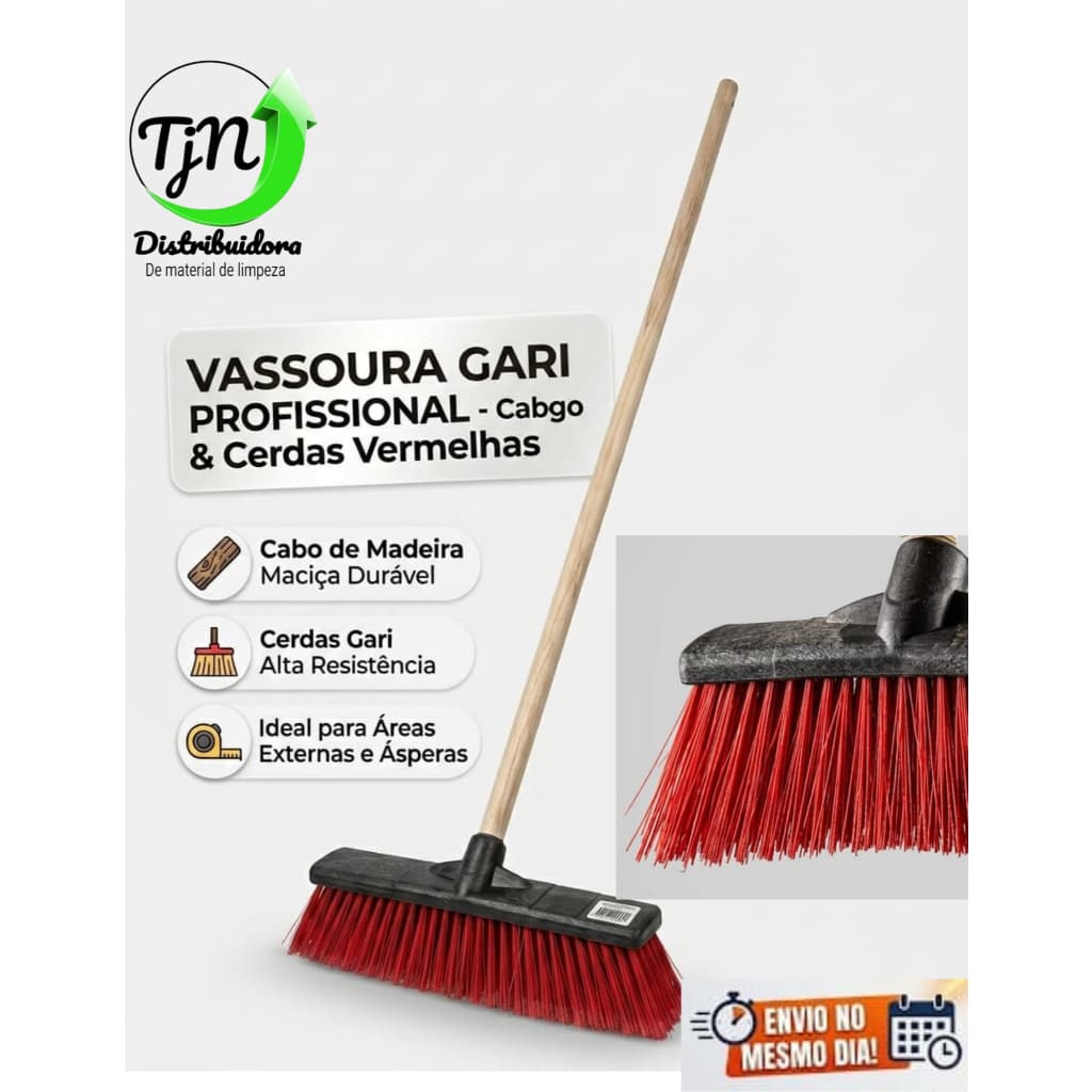 Vassoura Gari 40cm com Cabo de Madeira Reforçado – limpeza pesada e alta durabilidade