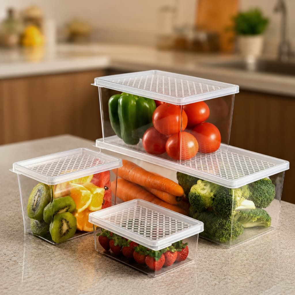 Kit Até 4 Organizador de Geladeira Cesto Com Tampa Multiuso Alimentos Verduras e Vegetais