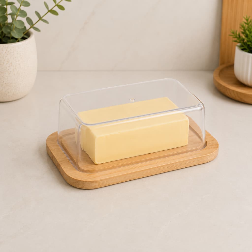 Manteigueira de Bambu com Tampa de Plastico Oikos Porta Manteiga Mantegueira Frios Mesa Queijo Multiuso Hermético