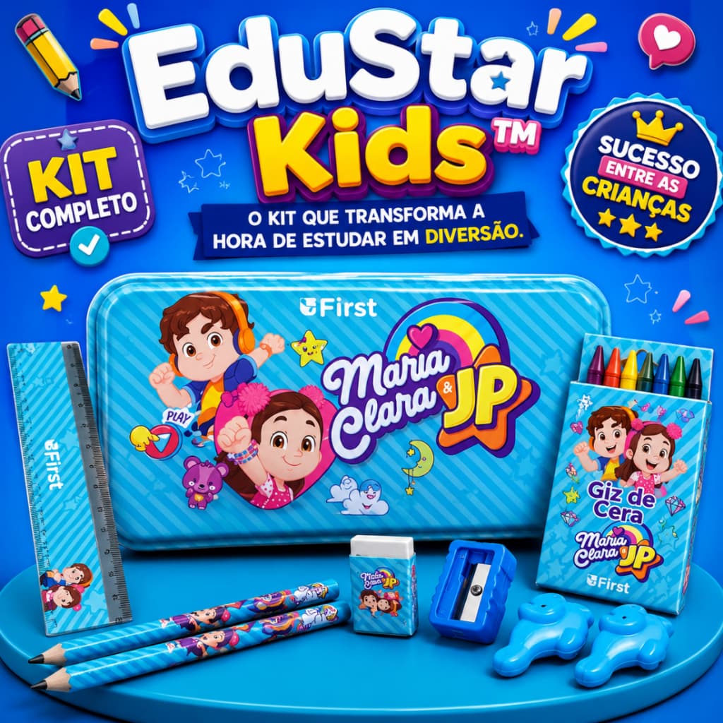Kit Escolar Infantil Maria Clara e JP Completo com Estojo Régua Lápis Borracha Apontador Giz de Cera