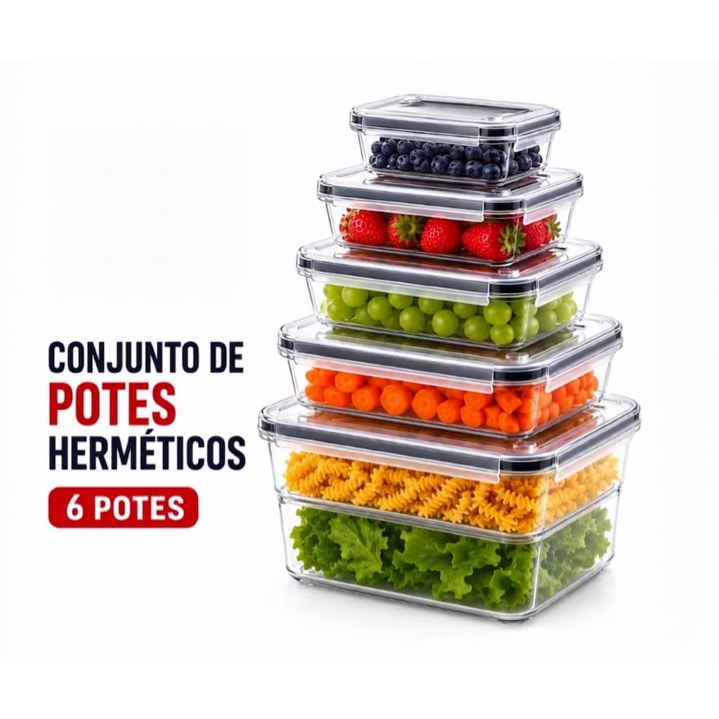 Kit Completo 6 Potes Herméticos – Mantém Alimentos Frescos e Sem Cheiro