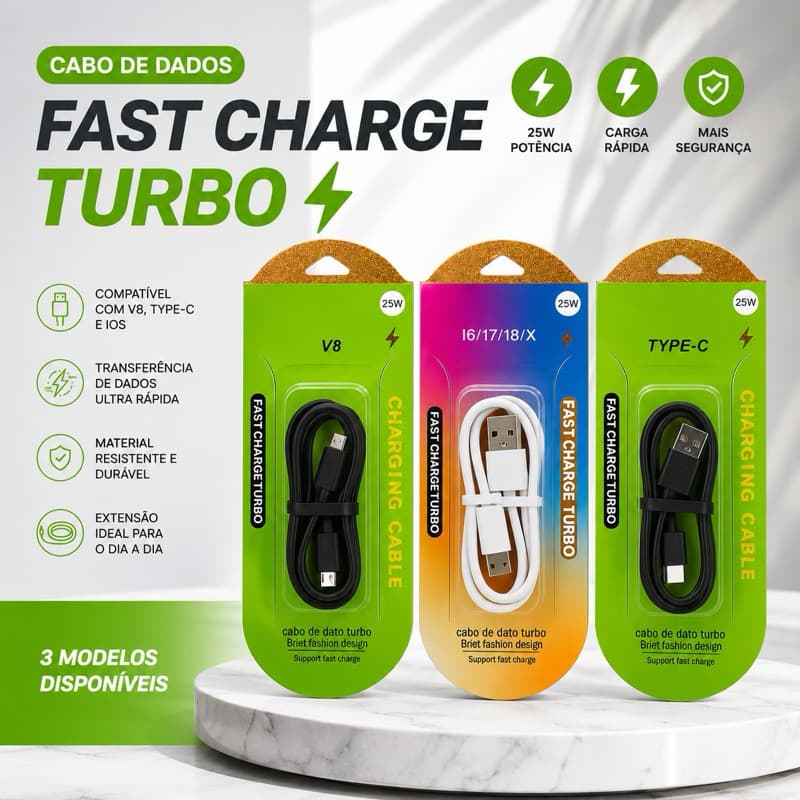 Kit 3 Cabo USB V8 é Tipo C Turbo Carregamento Rápido