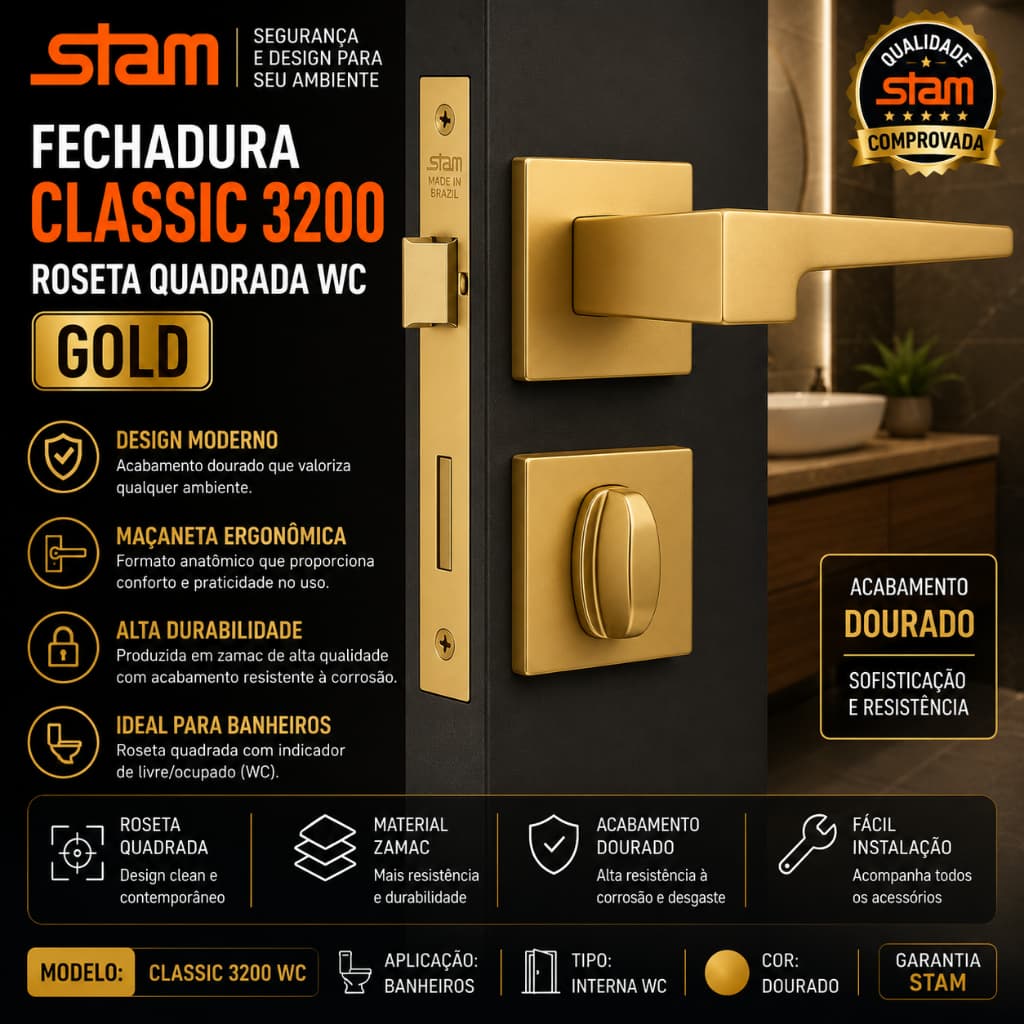 Fechadura P/ Porta De Banheiro 3200 Stam Classic 40 Gold Cor Dourado