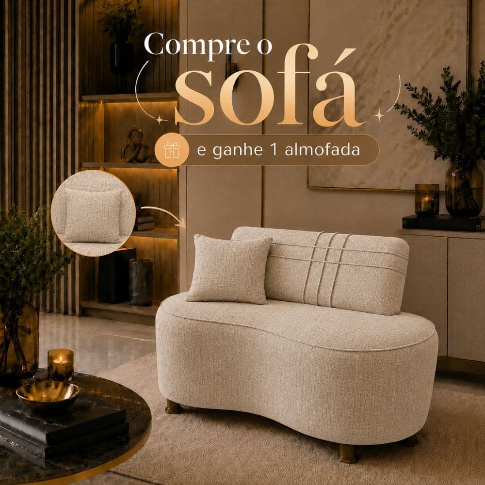 Sofá Puff Compacto Hoseok Confort Luxo 100cm Curvo Orgânico Tecido Macio Linho Bege