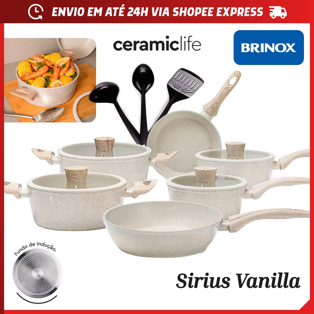 Jogo de Panelas 9 ou 7 Peças Brinox Antiaderente Ceramic Life Sirius Vanilla Com Indução