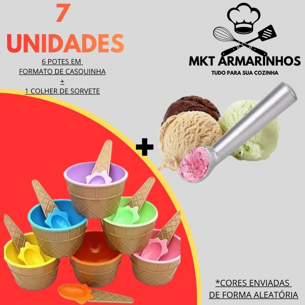 Kit Pote Sorvete Infantil 7 Peças Casquinha Brinquedo Praia Areia Verão Colorido Com Colher Sorveteira Açaí Frutas Doces
