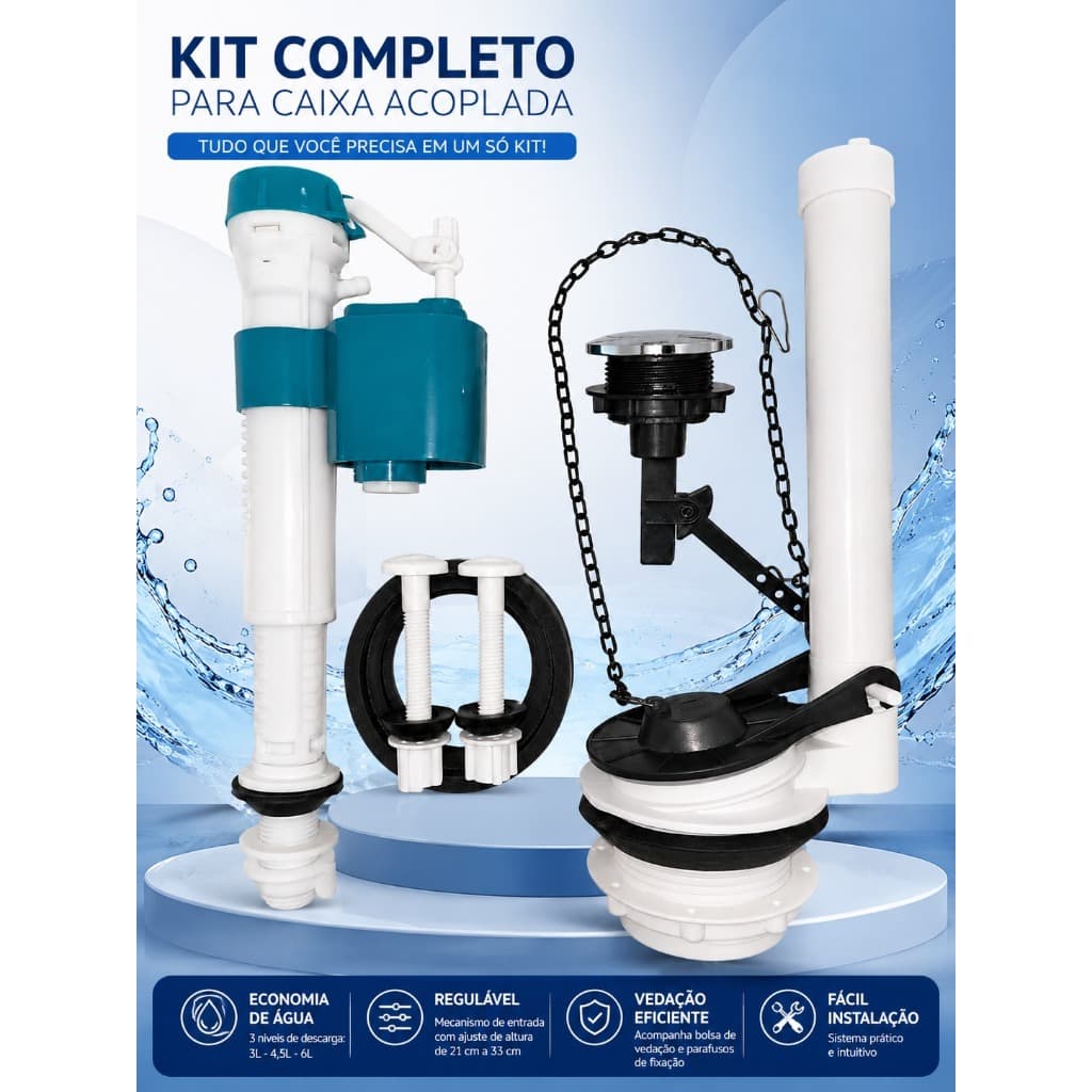 Kit Completo Mecanismo Universal Reparo Caixa Descarga Acoplada Acionamento Superior Banheiro