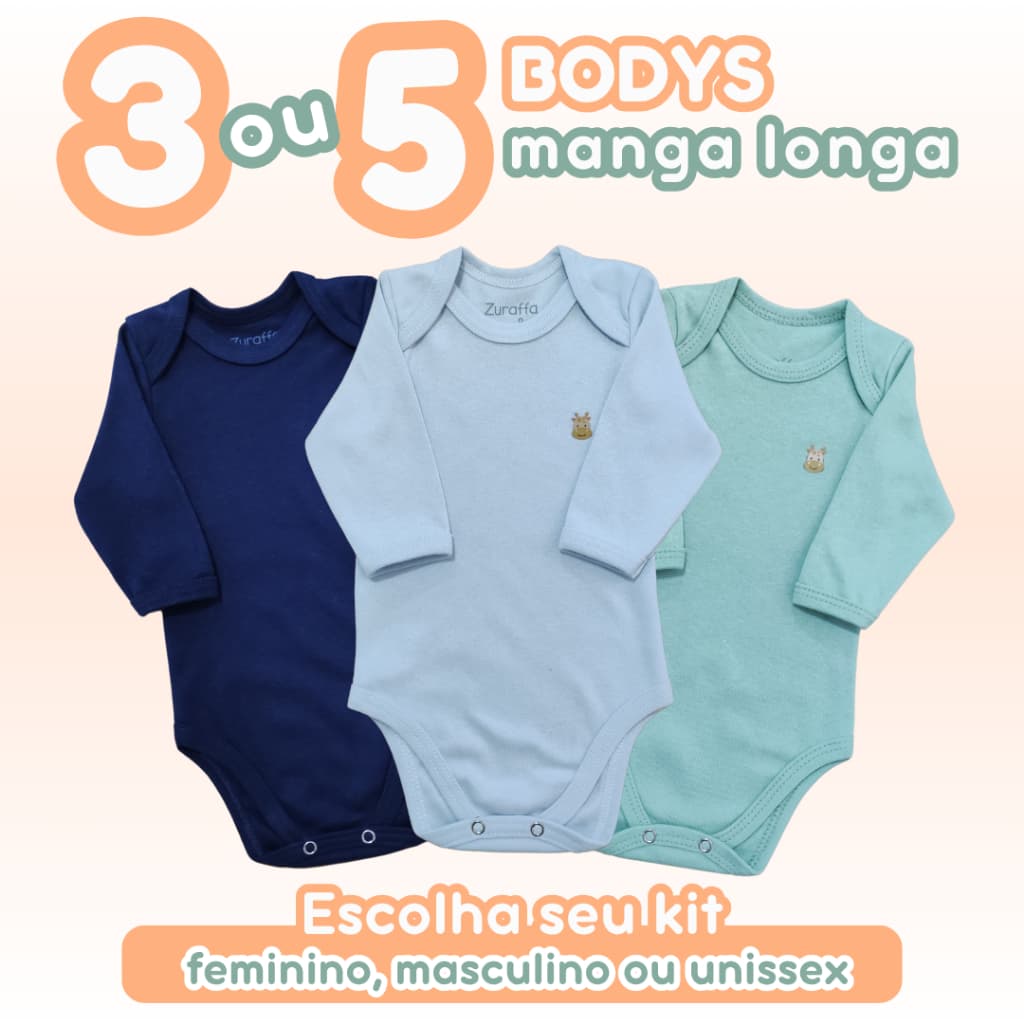 Kit 3 ou 5 Bodys Bebê Algodão Manga Longa Liso Cores Gola Envelope Feminino Masculino Unissex Meia Estação Zuraffa Baby