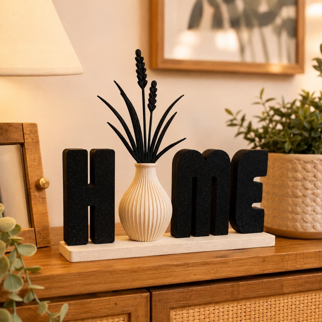 Enfeite Decorativo Home Com Vaso Bege E Folhagens Pretas Decoração Moderna Para Sala Aparador E Escritório