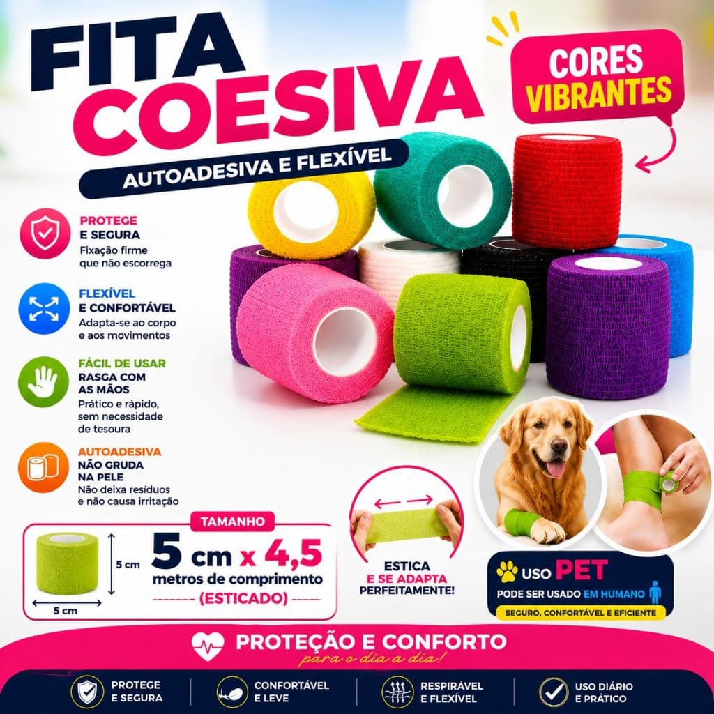 Kit 10 Bandagem Elástica Fita Faixa Auto Aderente Cross Jiu Tatuagem Proteção Pet Cachorro Gato Tape