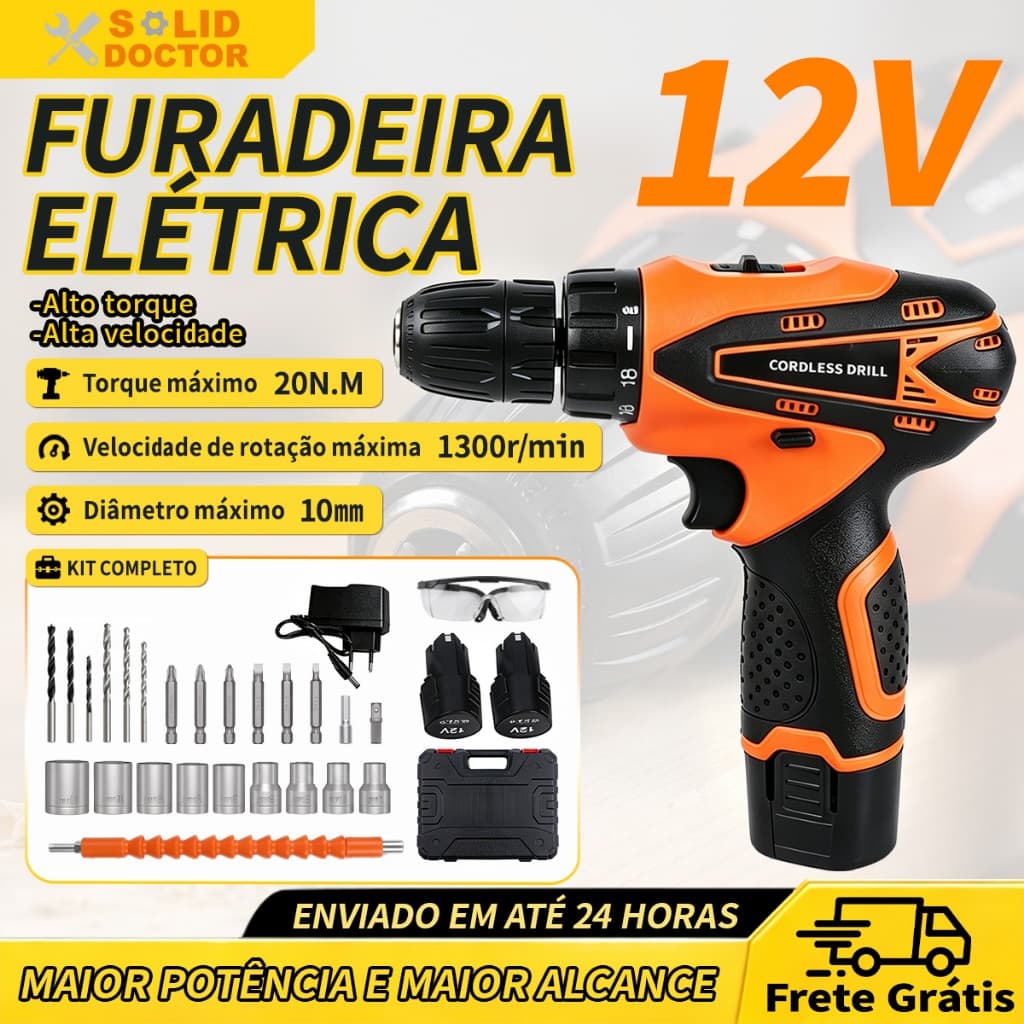 SOLID DOCTOR Furadeira Parafusadeira 12V Mandril 10mm Kit Completo Furadeira sem Fio 20NM 2 Baterias