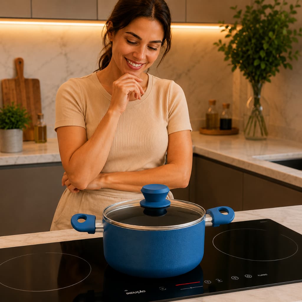 Panela Cerâmica Antiaderente 18cm Com Tampa Indução Fogão Gás Elétrico Azul Max Chefe