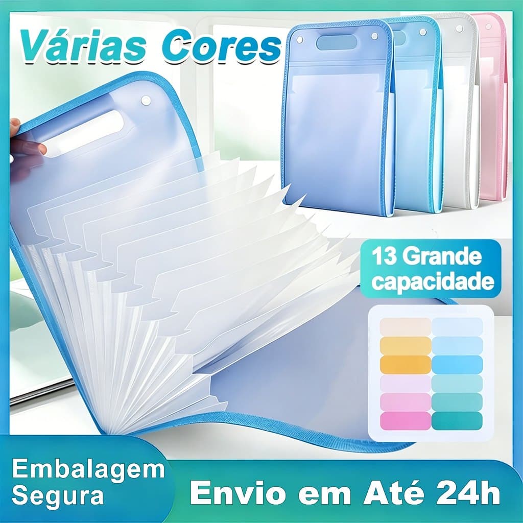 Pasta Sanfonada 13 Divisórias A4 Organizadora Material Escolar Volta as Aulas