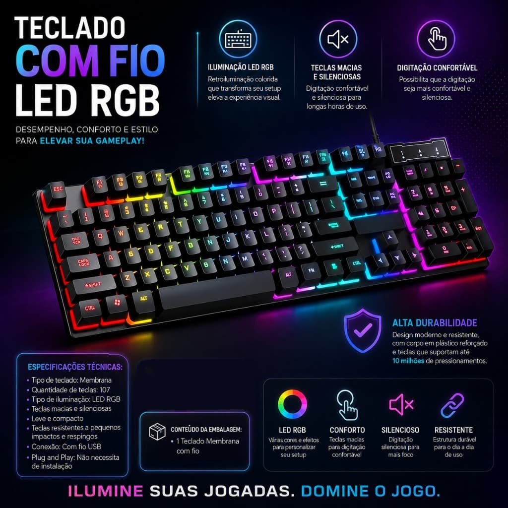 Teclado Gamer De Membrana Retroiluminado Abnt