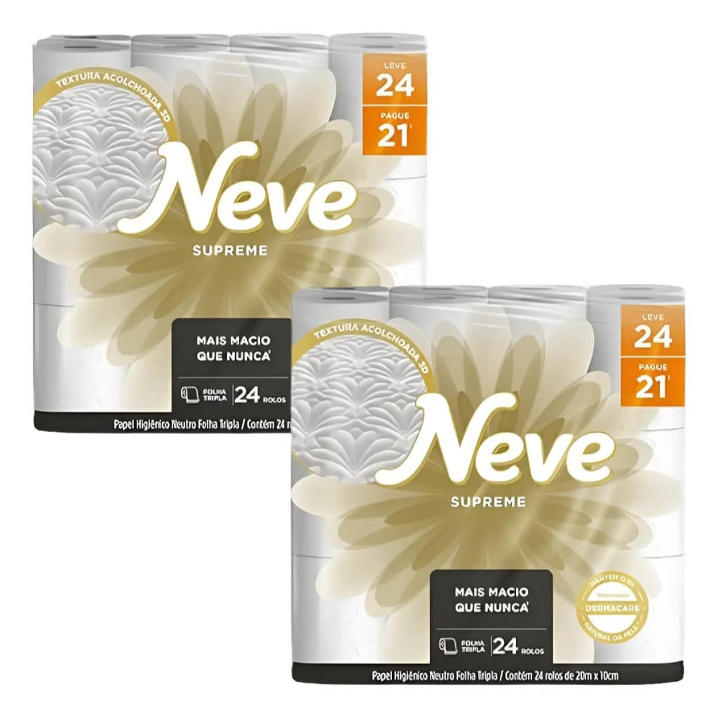 Kit 2 Pacote Papel Higiênico Neve Supreme Folha Tripla  24 Rolos de 20m de Conforto Qualidade