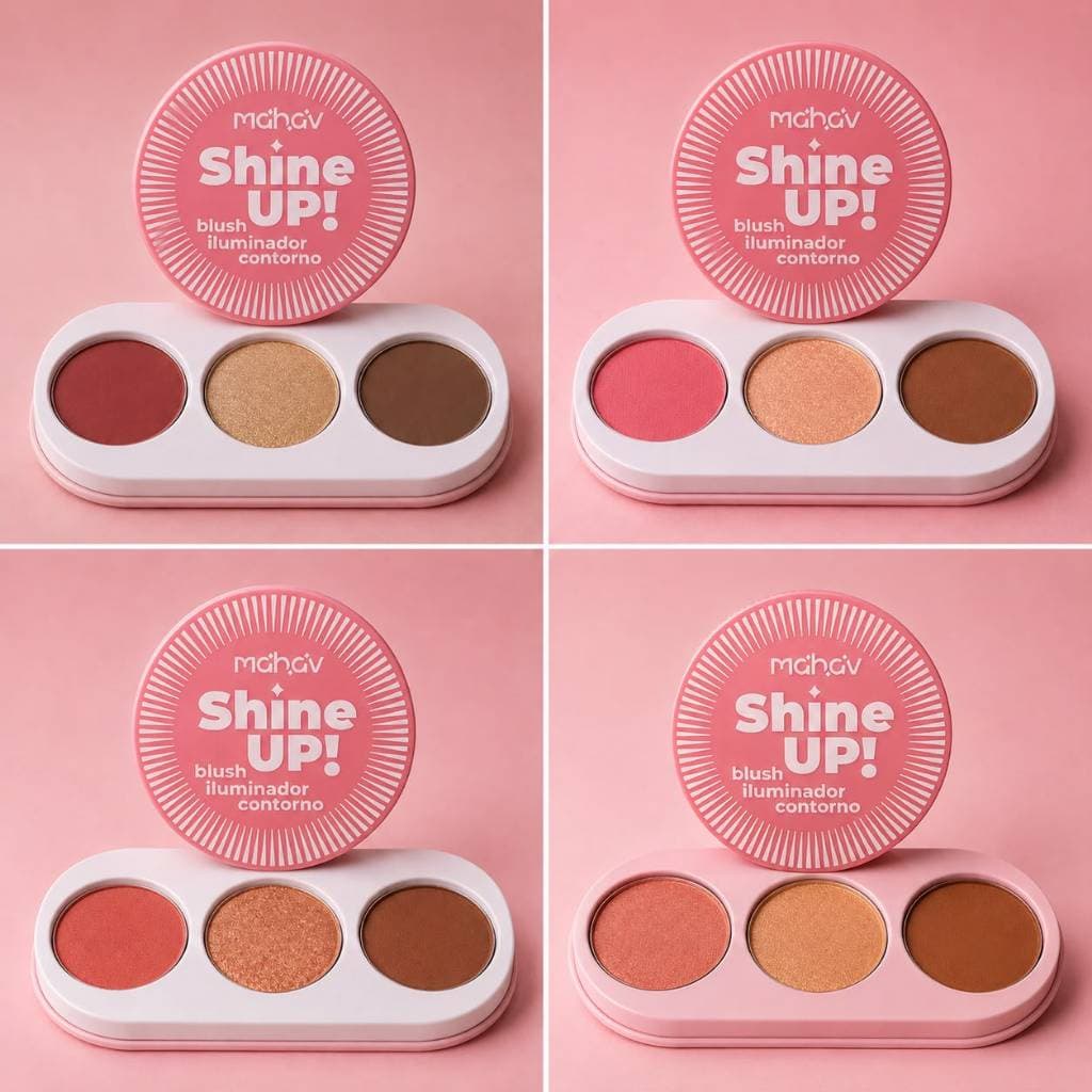 Mahav Trio Facial Paleta 3 em 1 Blush Iluminador e Contorno Shine Up Maquiagem Multifuncional para Look Perfeito