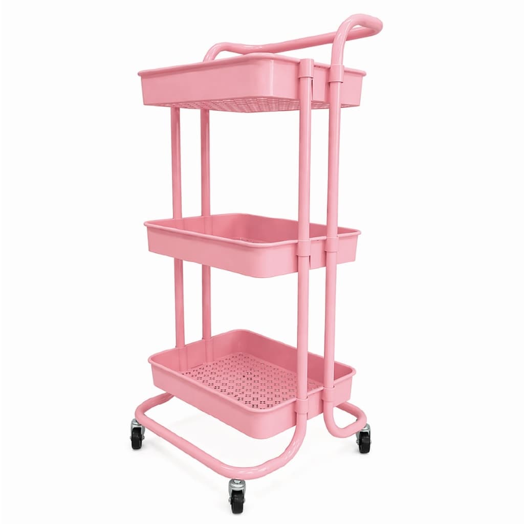 Fruteira Organizador Multiuso Carrinho 3 Andares com Rodinhas 360° Cozinha Banheiro Manicure - ROSA