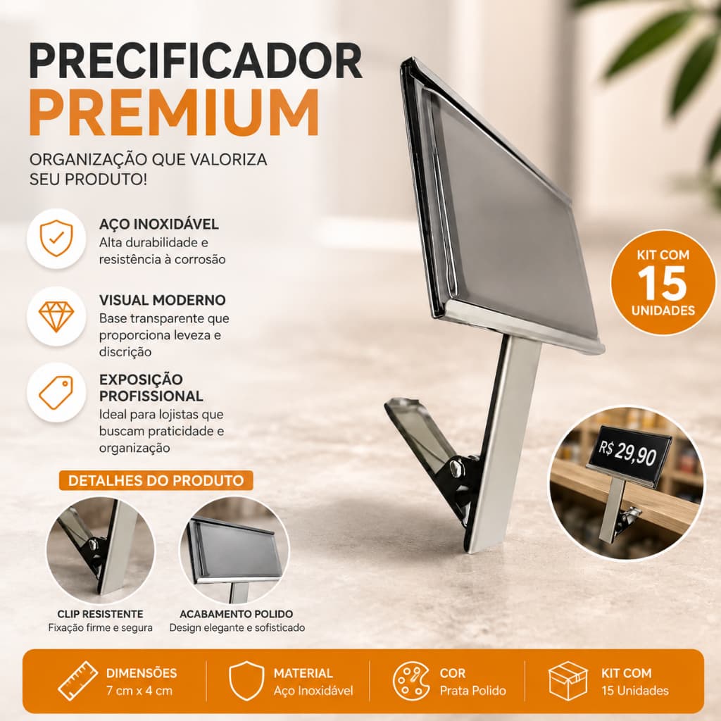 Precificador- Porta etiqueta de Inox- Medindo 7x4 cm. - Kit com 15 unidades açougue, padaria, supermercado