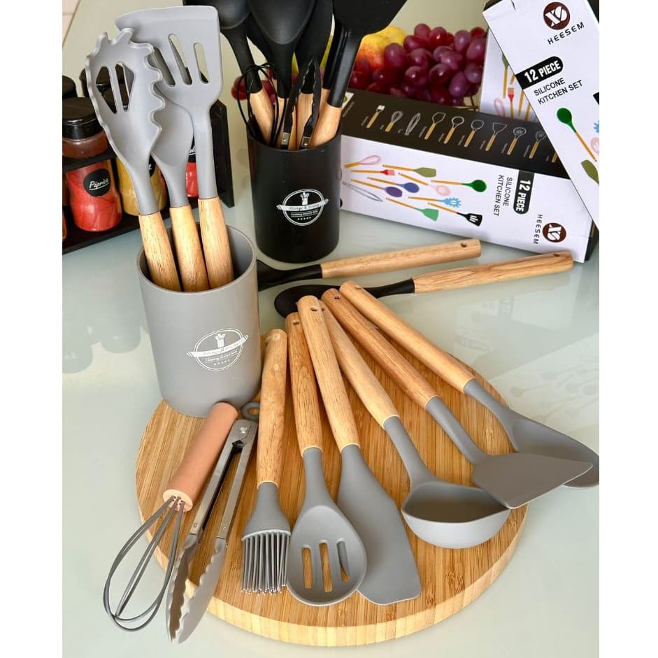 Kit 12 Peças Utensílios de Cozinha Silicone Cabo Madeira Profissional Livre de BPA