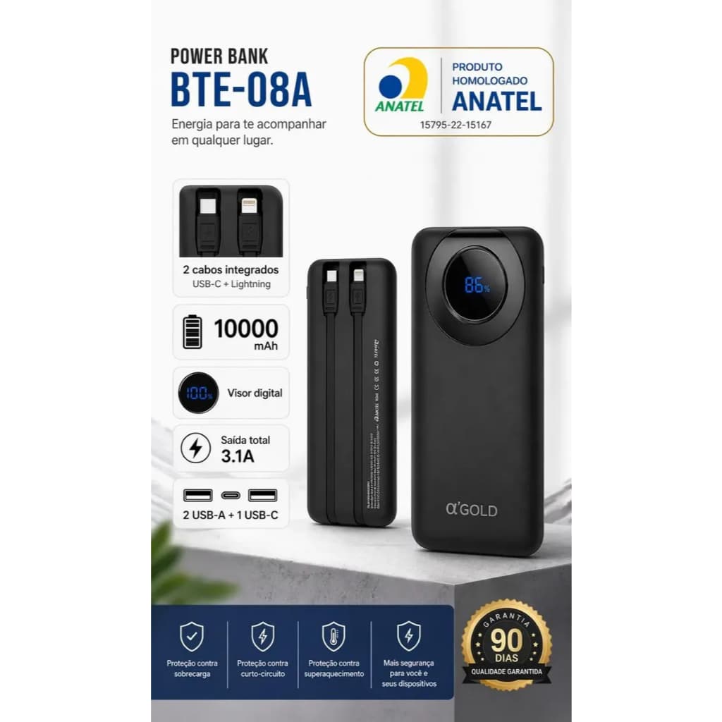 Power Bank 10000mah Digital Cabos Integrados Usb-c Lightning