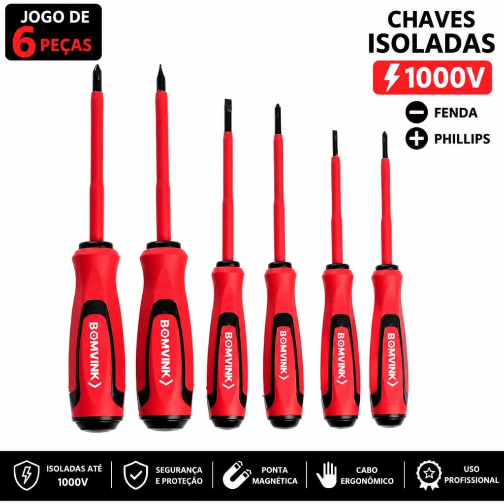 kit Chaves isoladas fenda e Philips Eletricista Profissional 6 Peças