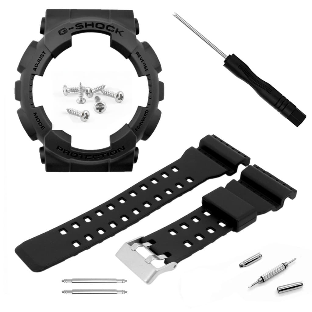 Kit Pulseira + Bezel Para Casio G-shock Preto Ga-100 Ga-120 Ga-140 Borracha Resinada Pinos e Chave