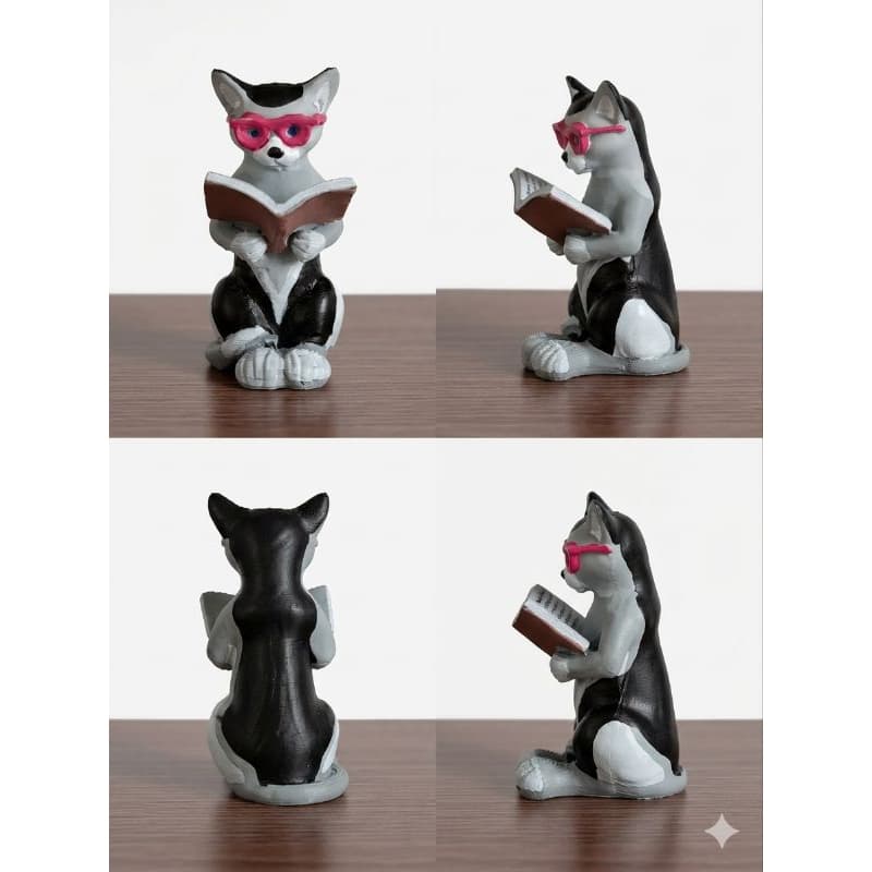 Escultura de Gato Lendo Livro Artesanal Pintado a Mão ideal para Decoração de Ambientes Casa ou Escritório