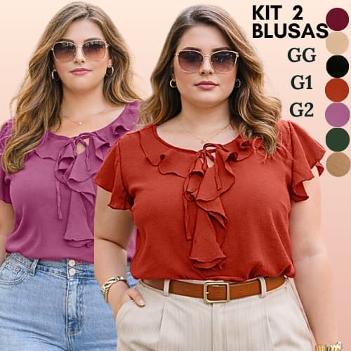 KIT 2 BLUSAS PLUS SIZE FEMININO ELEGANTE MODA FEMININA SOLTINHA SOCIAL BLUSA BABADO BÁSICA CONFORTÁVEL LUXO VERSÁTIL