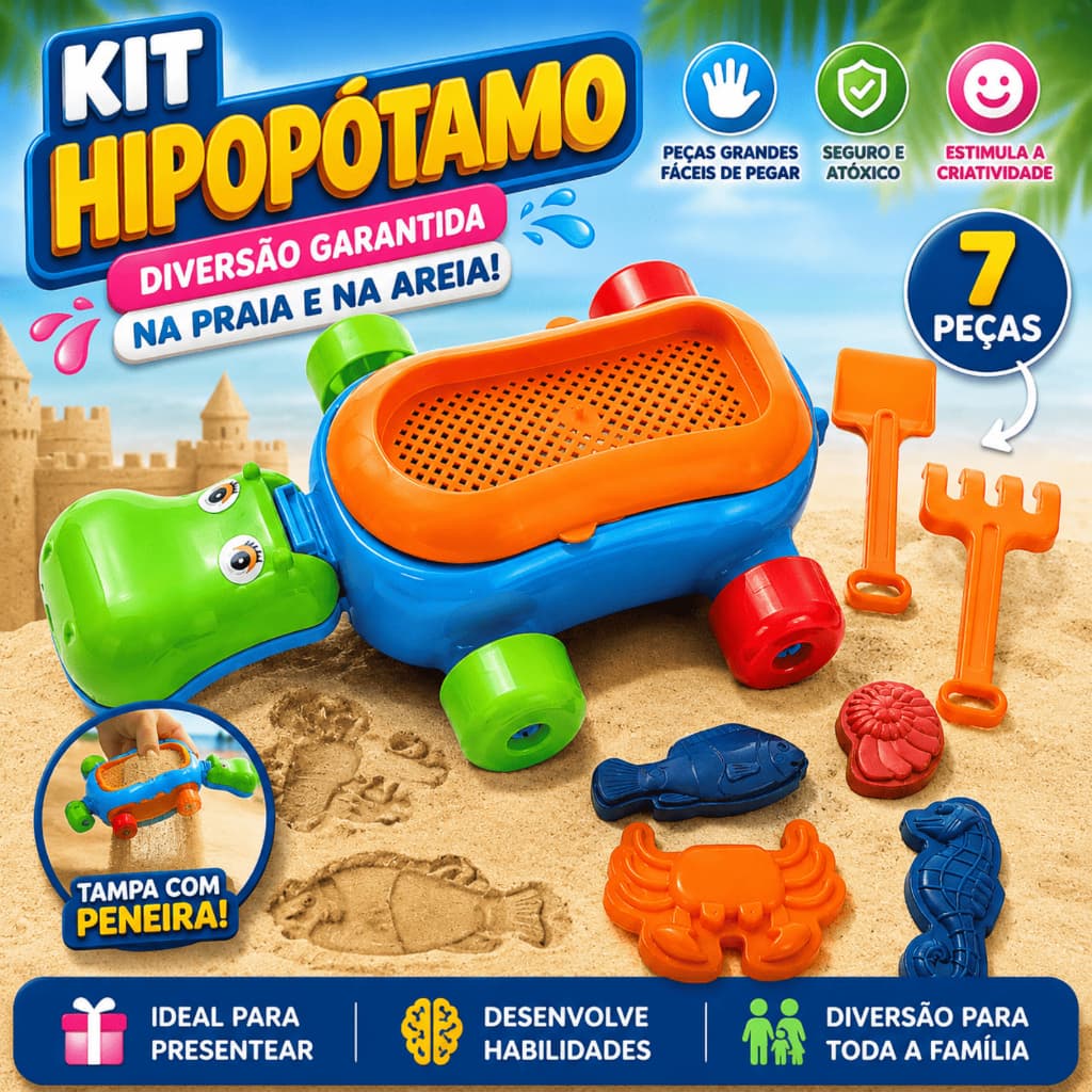 Kit Praia Infantil Hipopótamo Divplast Completo Com Pá Rastelo Moldes E Rodinhas Colorido