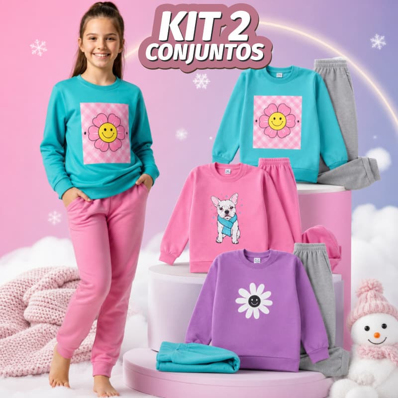 Kit 2 Conjuntos Moletom Menina Juvenil Inverno Feminino Peluciado 4 Peças 1 A 14 Anos