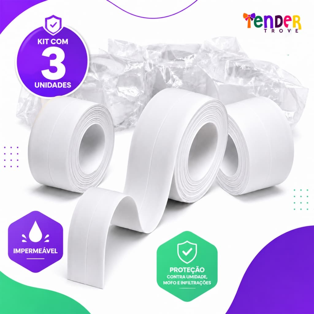Kit 3 Fitas Vedação PVC Branca 🌟 Impermeável e Durável — Acabamento Profissional para Banheiro e Cozinha!