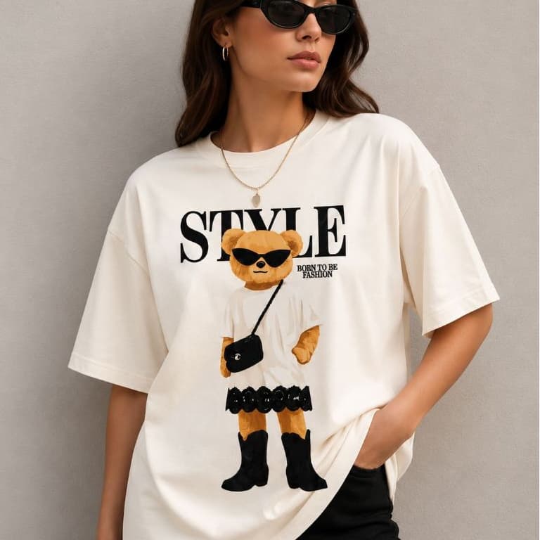 Camiseta Feminina Oversized Ursinho Fashion Style 100% Algodão Estampada Premium Casual Streetwear Moda Feminina