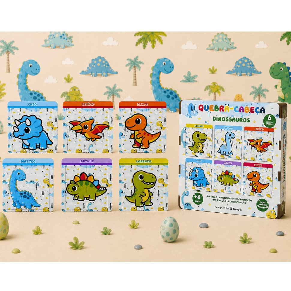 Kit Quebra-Cabeça Educativo Infantil Dino Baby MDF 6 Peças - Brinquedo Pedagógico/ Coordenação Motora