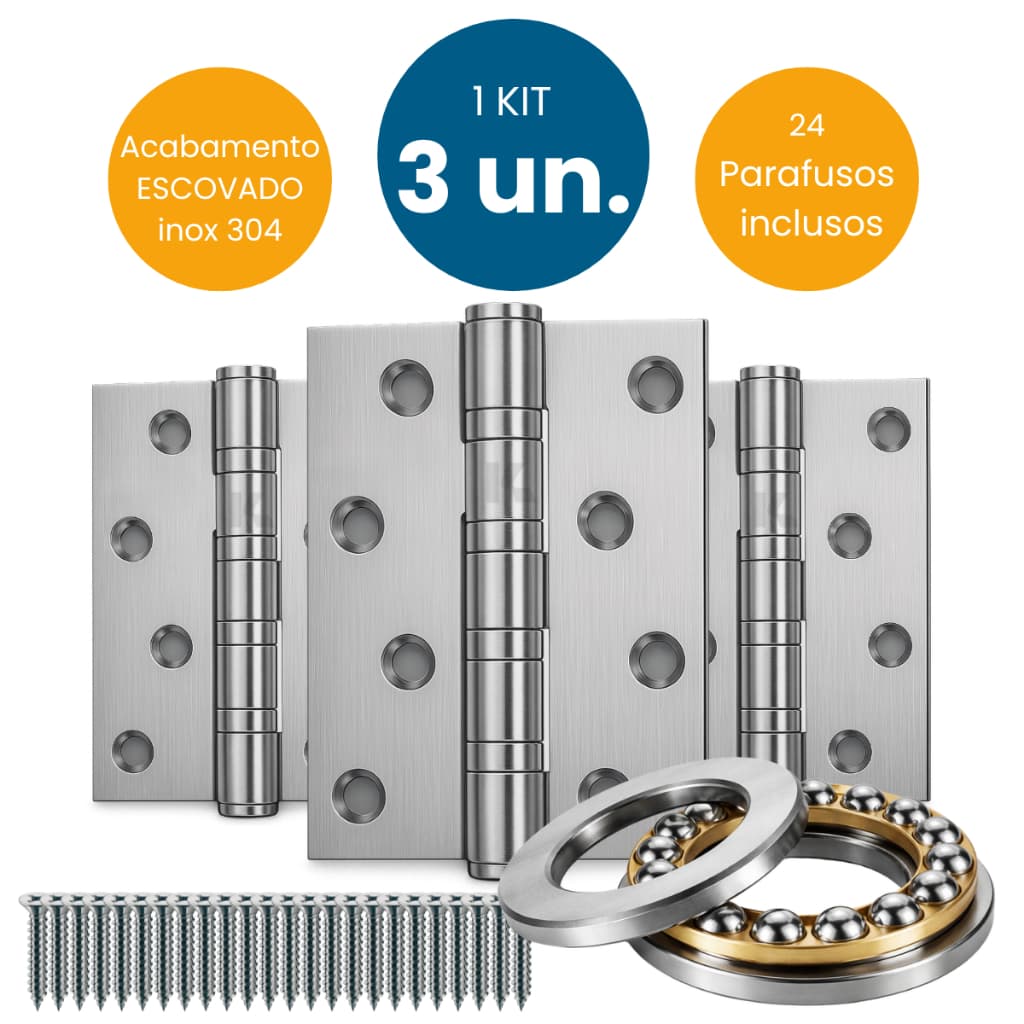 Kit 3 Dobradiças Porta/janela 4 polegadas Rolamento Axial Com Parafusos Fechamento Suave Inox 304