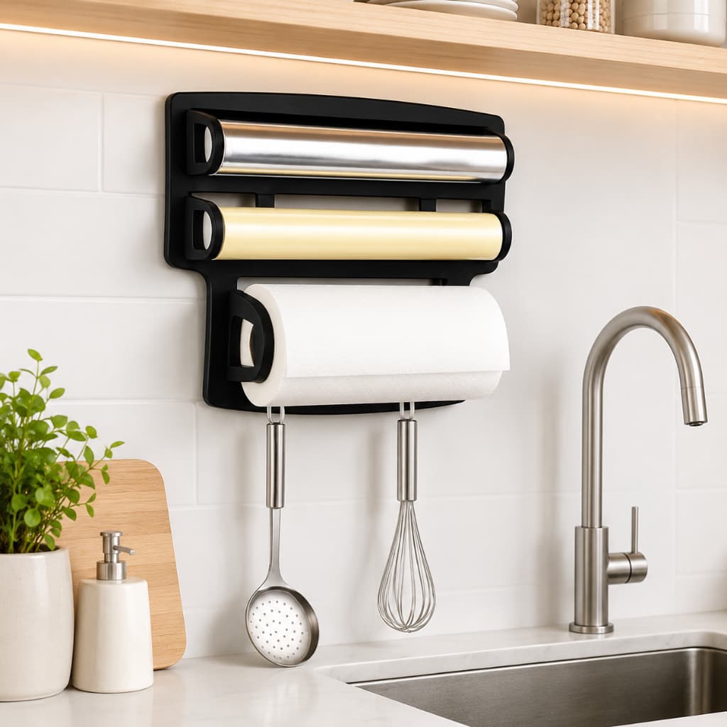 Suporte Triplo Para Papel Toalha 4 em 1 Com Gancho Para Cozinha