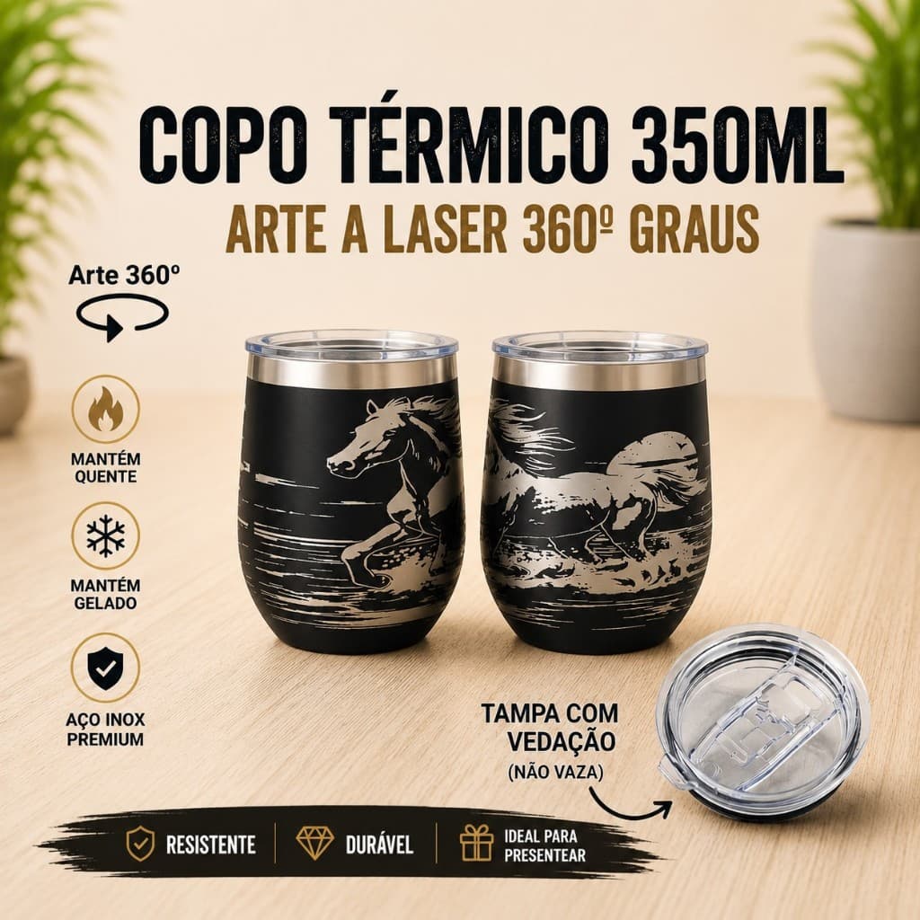 Copo Térmico CUIA OVO 350ML GRAVADO A LASER 360º GRAUS Tema: CAVALO CAMPO FAZENDA PASTO CAVALGADA