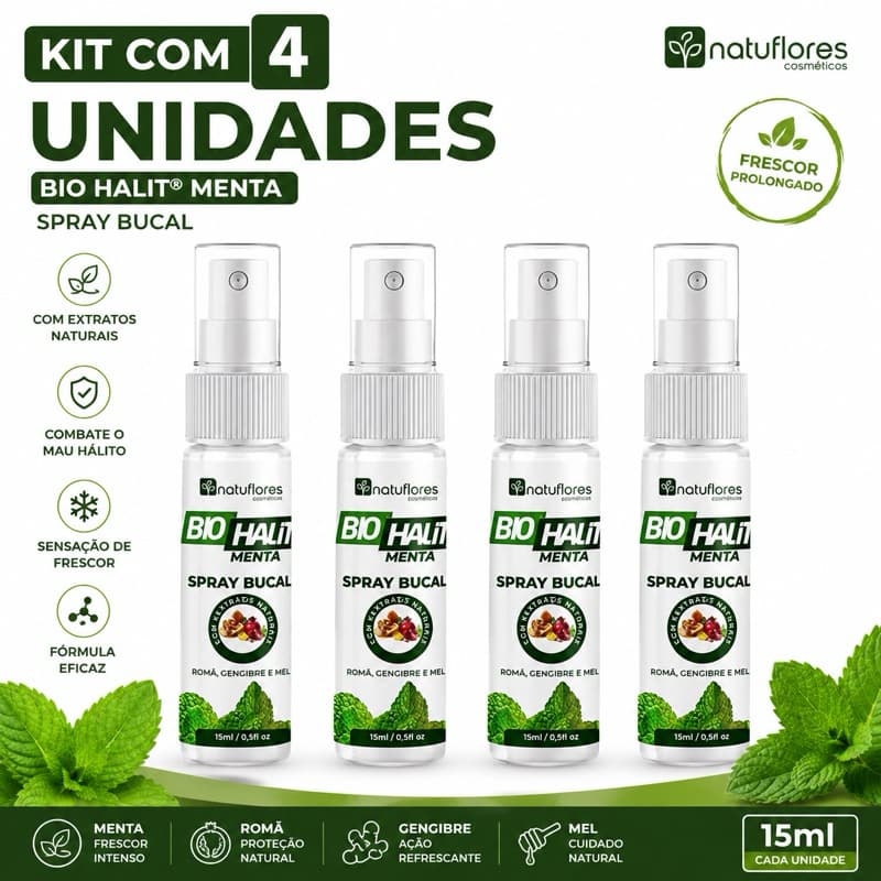 kit 4x Bio Halitz Spray Aromatizante Bucal Sabor Menta fim do mau halito 15ml