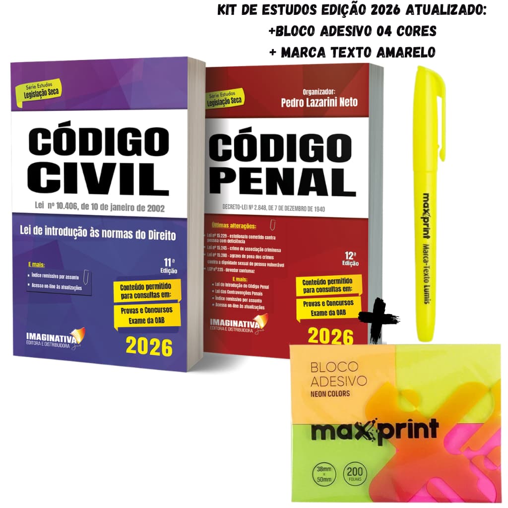 Código Civil + Código Penal 2026 + bloco adesivo colorido + marca texto