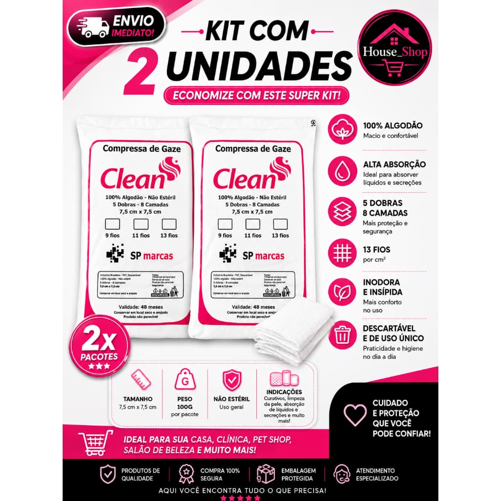 Kit 2 Compressas de Gaze Hidrófila Clean 13 Fios Não Estéril Curativos e Uso Hospitalar