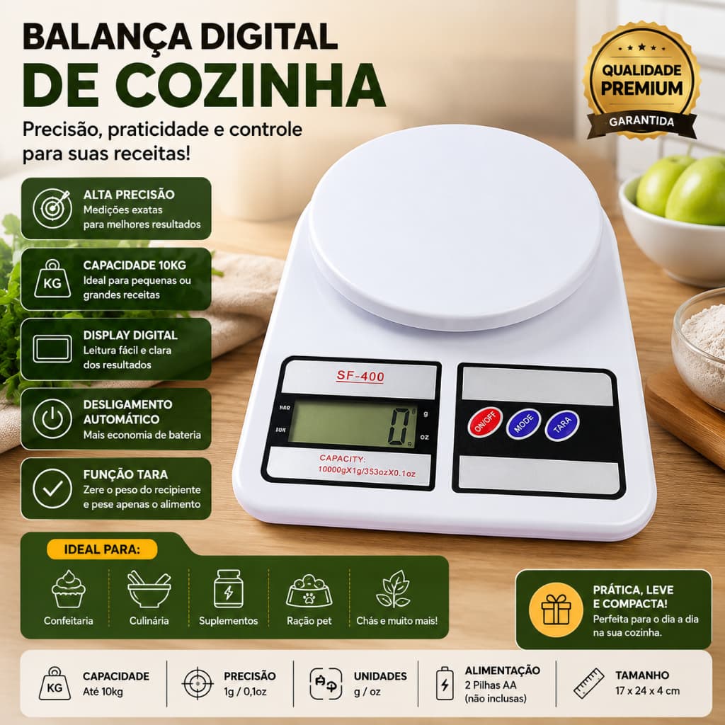 Balança Digital Precisão Alta Capacidade 10kg Cozinha Compacta Eletrônica