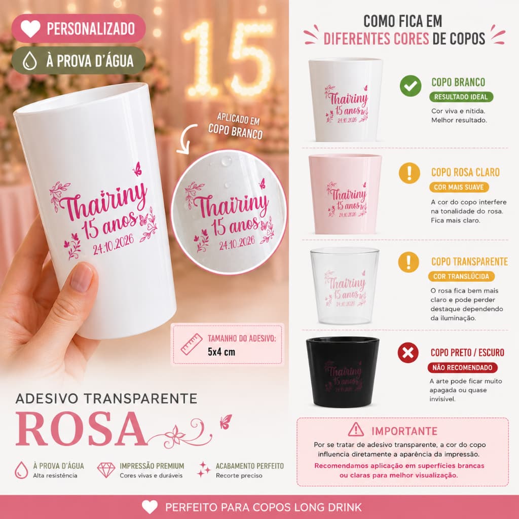 Rótulo Adesivo Personalizado Transparente  Rosa para Copos 5x4 cm  À Prova d'Água  aniversario lembrancinha 15 Anos