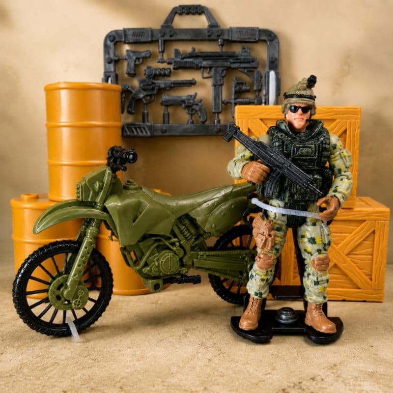 Kit Militar Com 8 Peças Moto Roda Livre Boneco Soldado Articulado Colecionáveis Brinquedo Menino
