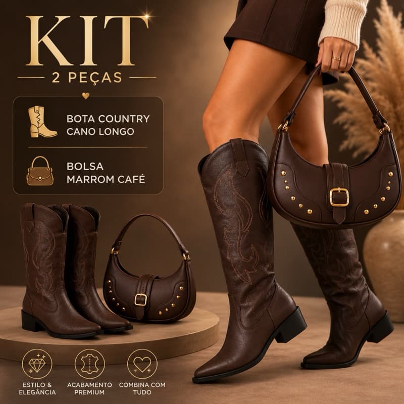 Kit Bota Country Feminina Cano Longo + Bolsa Feminina Luxo Marrom Café