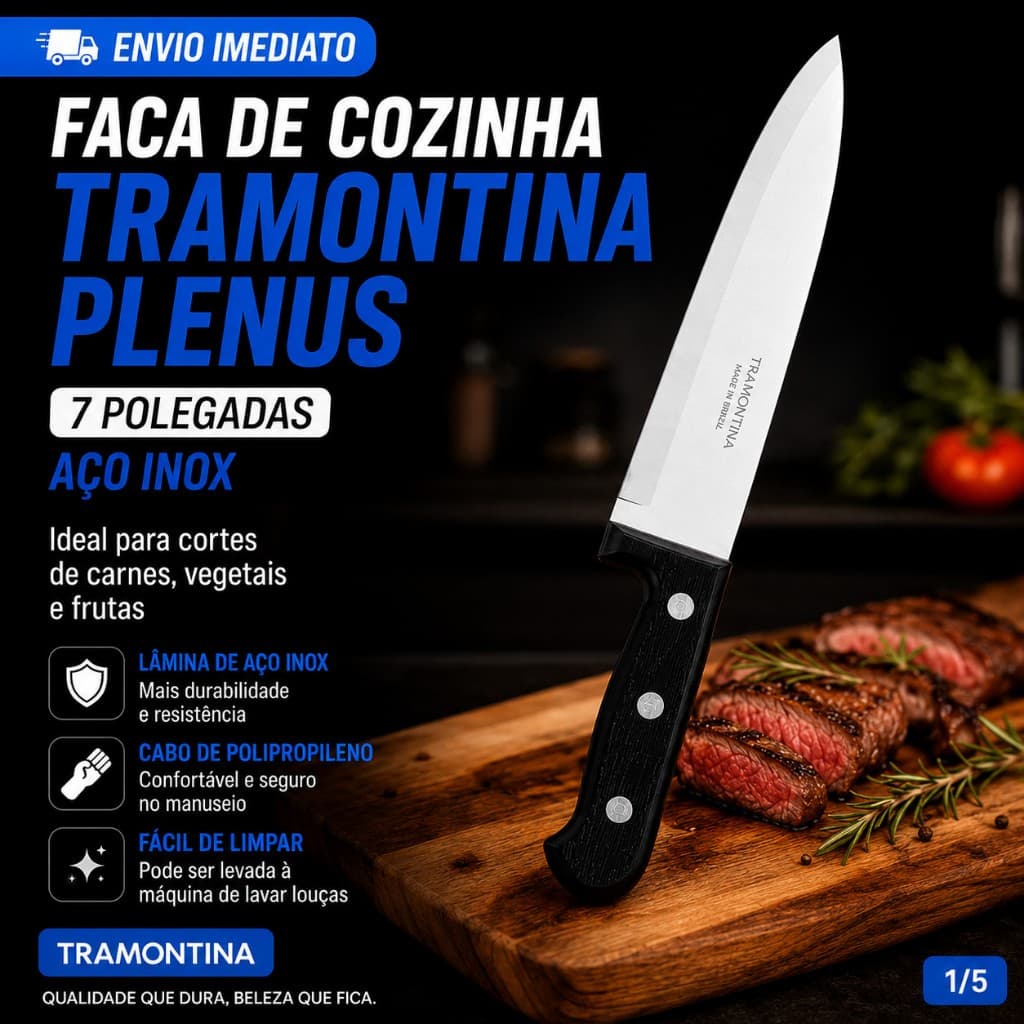Faca Cozinha Chef Tramontina Lâmina em Aço Inox 7"