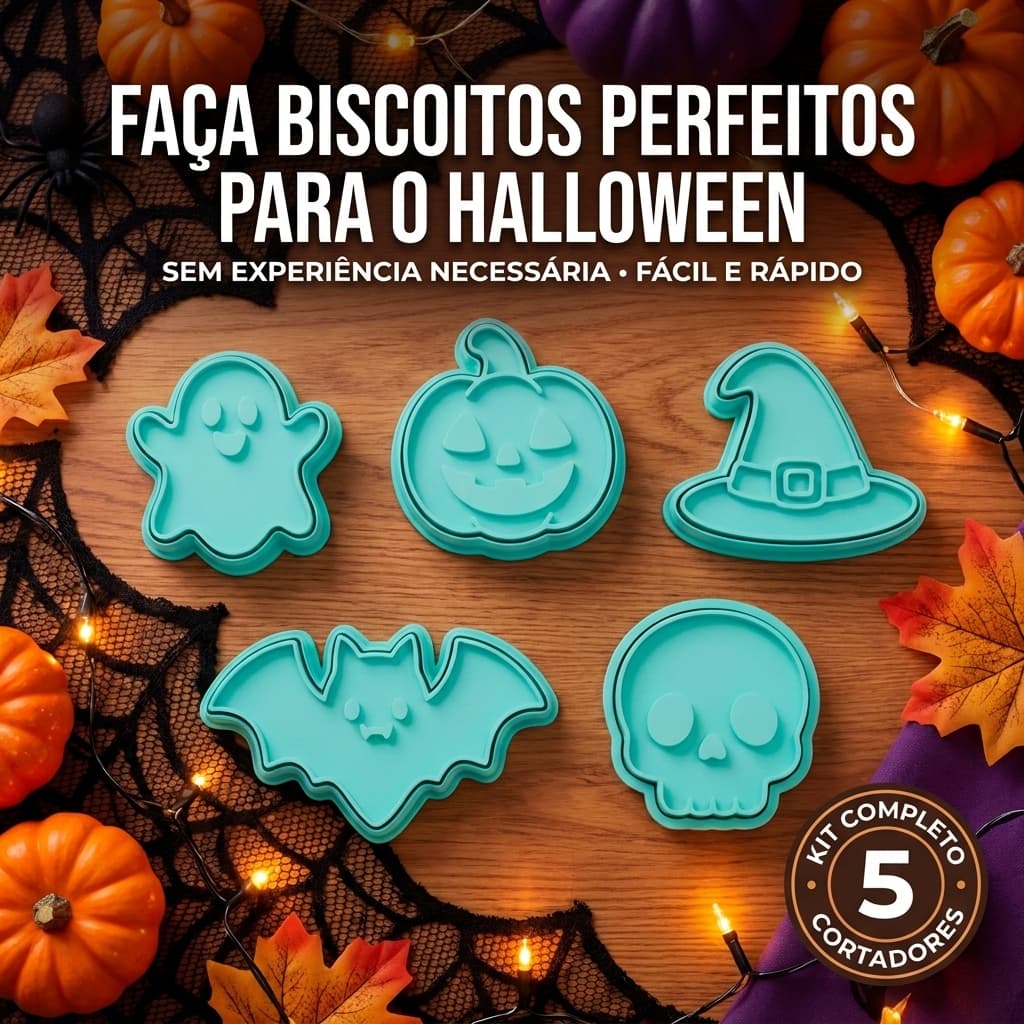 Kit 5 Cortadores Halloween com Marcador para Biscoitos e Confeitaria – Pasta Americana e Fondant