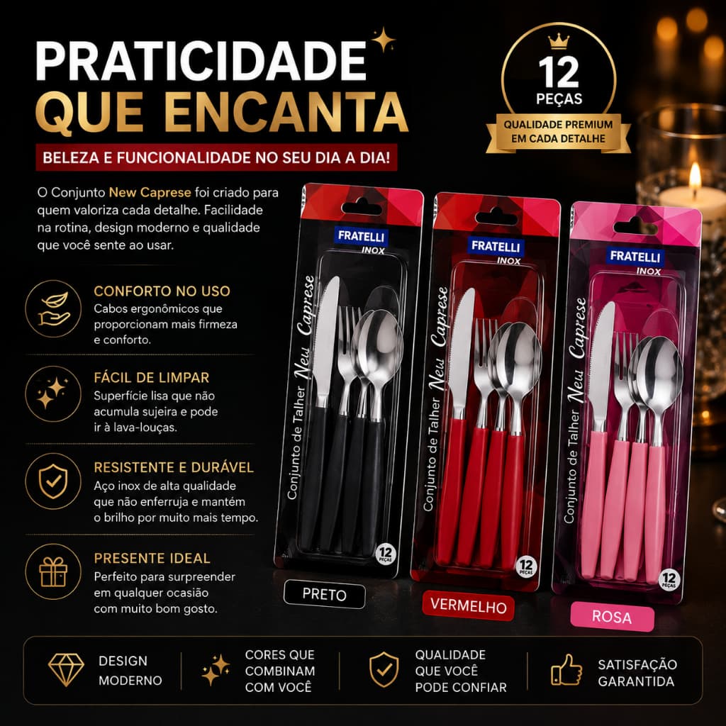 Jogo Talheres 4 Garfos 4 Colheres 4 Facas Cozinha Inox Moderno Rosa 12 Peças Rosa Vermelho Preto