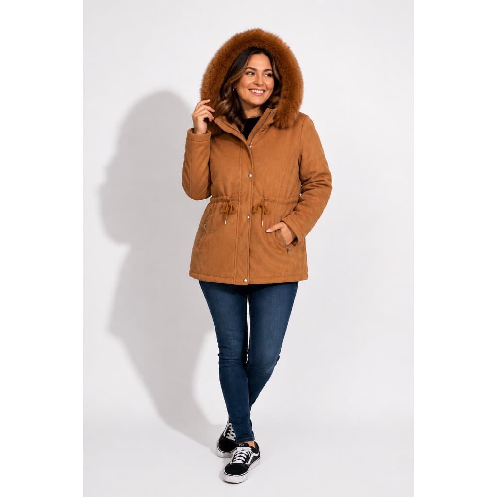 PARKA SUEDE Jaqueta Parka Camurça Sarja Quentinha Forrada com Capuz Removivel Inverno Outono Elegante Casaco Feminino