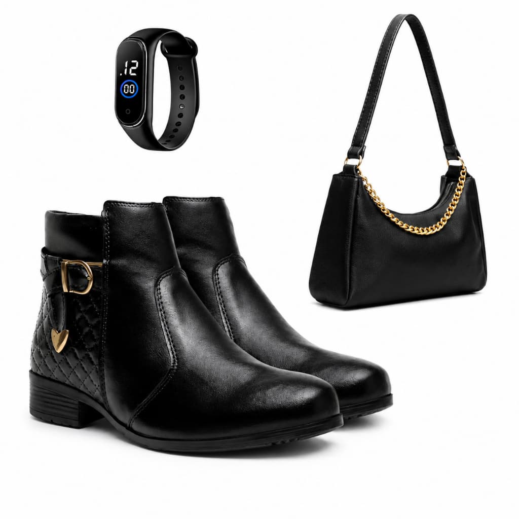 Kit Inverno Botinha Feminio Cano Curto + Bolsa Baquete + Relogio Digital
