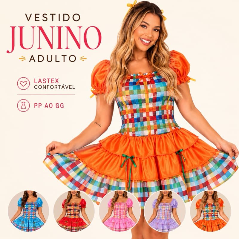 Vestido Festa Junina Feminino Adulto Xadrez Lastex Confortável Manga Ombro ou Tomara que Caia PP ao GG