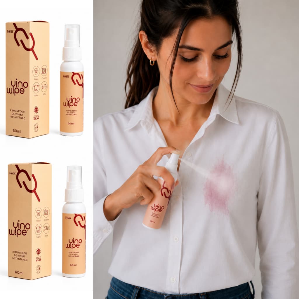 Kit 2 Tira Manchas Instantâneo VinoWipe 60 ml Removedor Vinho em Roupas Coloridas Branca Anvisa Kit C/2
